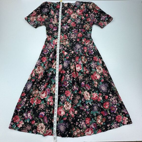 Vintage Forenza Floral Dress Large Puff Sleeve Drop Waist 80s Midi Made USA - Picture 9 of 9